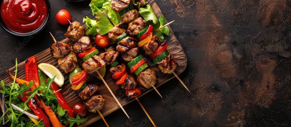 Poster pork shashlik with grilled veggies salad and ketchup on a wooden board in a picturesque setting with