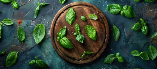 Fototapeta premium Top view of a round wooden cutting board with a spoon surrounded by basil leaves creating a healthy food concept in the copy space image