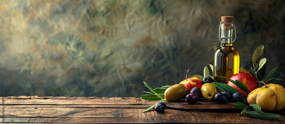 Aufkleber Healthy food concept with a bottle of extra virgin olive oil displayed on a wooden table adorned with fruits and tree leaves creating an appealing copy space image