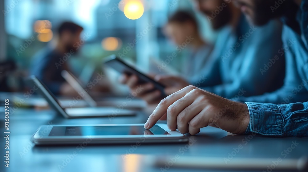 Poster Technical staff working while checking their tablet devices : Generative AI