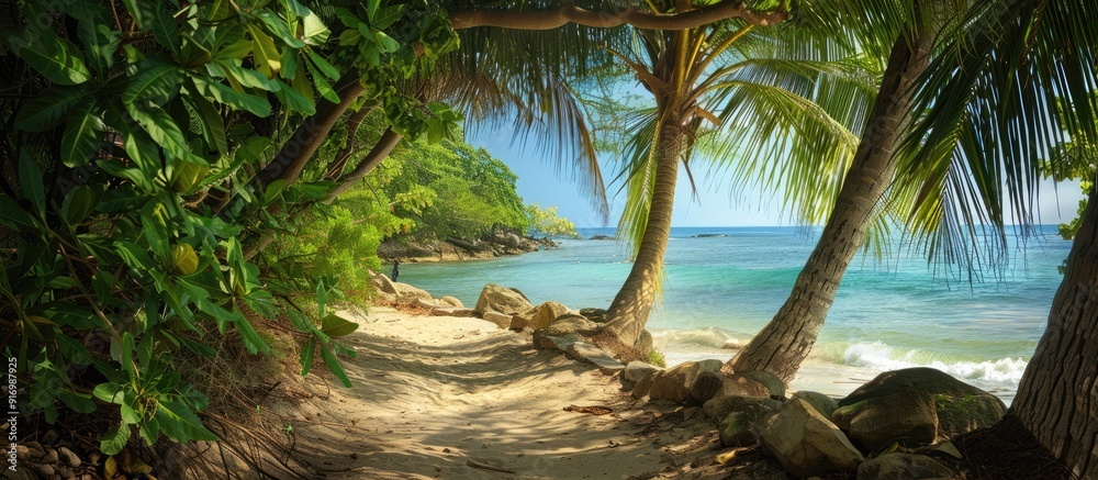 Poster A path leading to the beach lined with coconut trees rocks and trees perfect for a copy space image