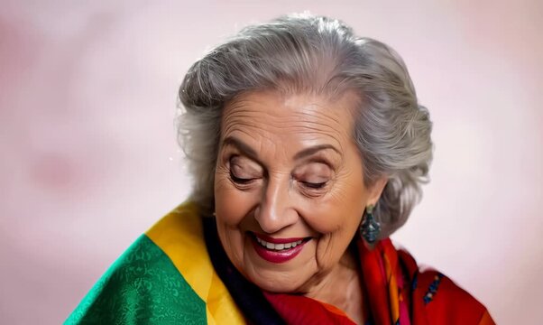 Portrait video of a pleased Brazilian woman in her 70s wearing a foulard against a pastel or soft colors background 