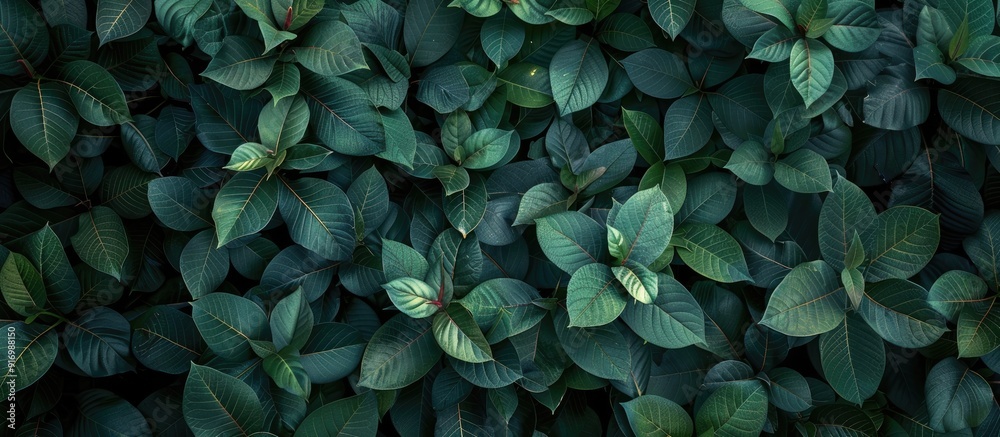 Leinwandbilder Overhead view of lush dark green foliage on a nature themed background suitable for adding text or images. Creative banner. Copyspace image