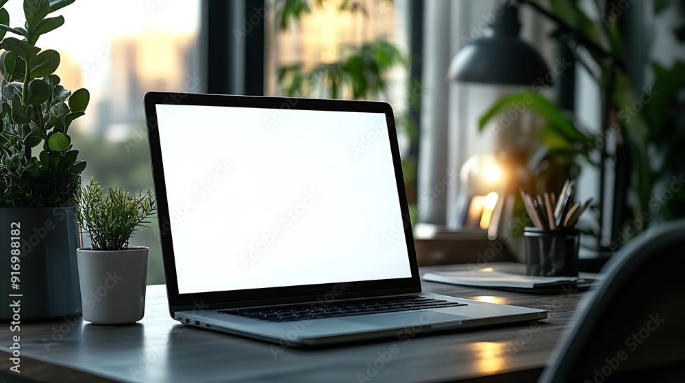 Aufkleber Workplace laptop computer with blank empty white screen display monitor on desk Mock up copy space Home office concept Business working from home studying elearning web site concept : Generative AI