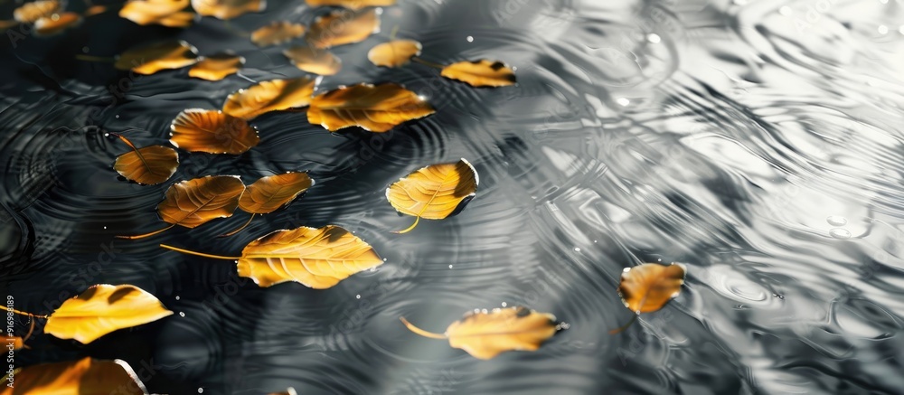 Leinwandbilder shadowy paths guide across the gray water surface adorned with golden bodhi leaves in a tranquil set