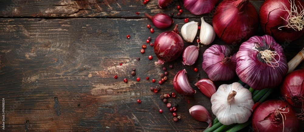 Poster Red onions and garlic displayed on a wooden surface with copy space image