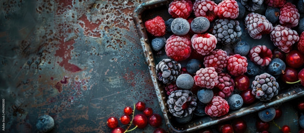 Poster top down view of a vintage metal tray filled with a variety of frozen berries providing an area for 