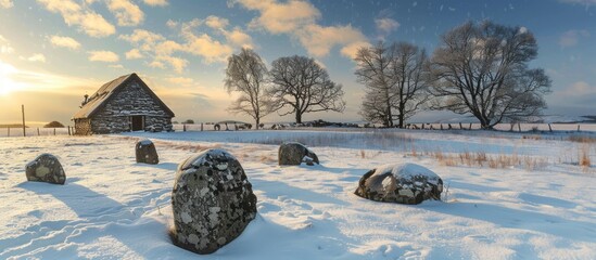 Stone circle near a longhouse in a winter scenery with copy space image