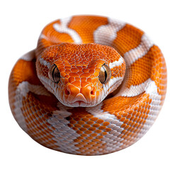 Obraz premium coiled orange albino snake, exotic snake close-up, curled bright color serpent, vibrant exotic snake close-ups, coiled reptile on white, albino serpents for education