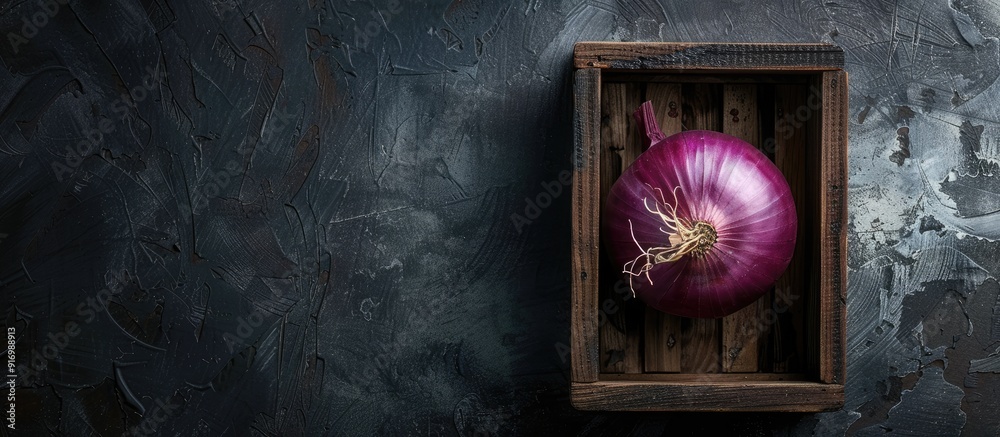 Poster top view of a purple onion in a wooden box on a black background with ample space for additional ima