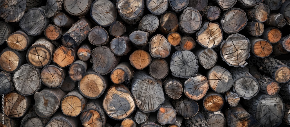 Aufkleber Background of long timber stack in a woodpile for a charcoal factory with copy space image