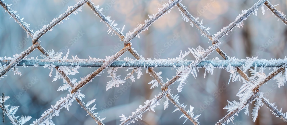 Poster copy space image of a frost coated metal fence with icy crystals due to strong frost