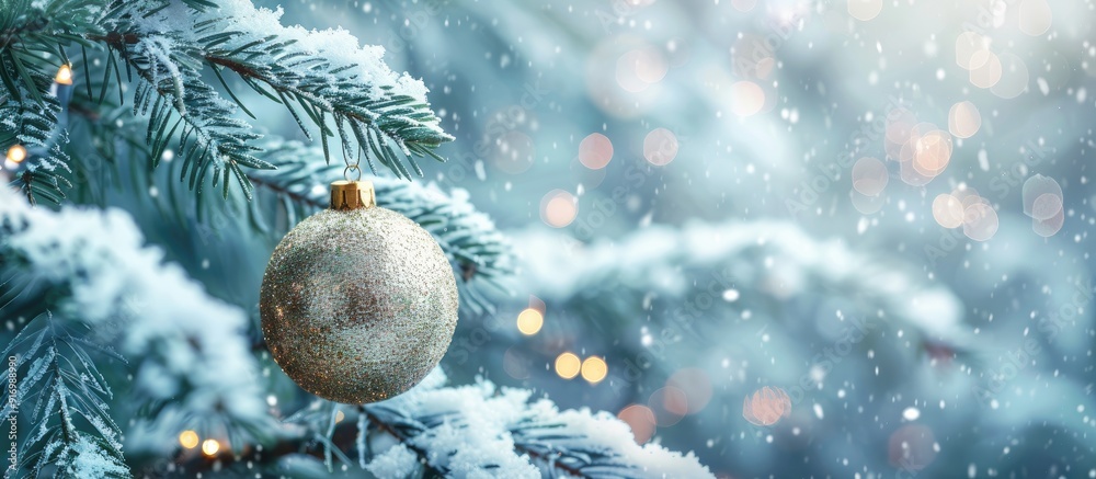 Poster Glittery Christmas bauble hanging on a snow covered fir tree branch creating a festive winter scene with a perfect copy space image for your text