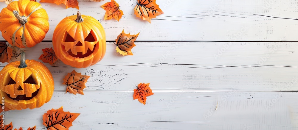 Poster A Halloween themed image with pumpkins on a white wooden surface symbolizing autumn with space for text. Creative banner. Copyspace image