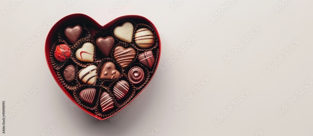 Poster heart shaped gift box filled with chocolates on a white backdrop ideal for birthdays valentine s day