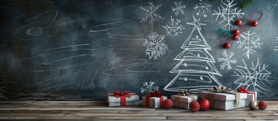 A festive scene with a Christmas tree sketch on a chalkboard surrounded by lovely presents creating a charming holiday backdrop with copy space image