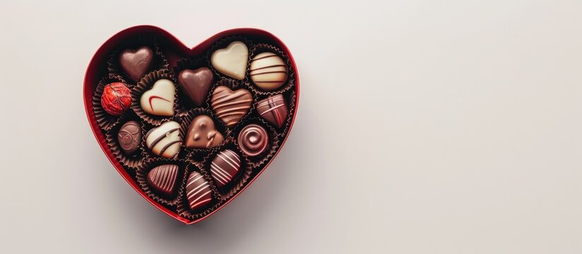 Heart shaped gift box filled with chocolates on a white backdrop ideal for birthdays Valentine s Day and special occasions with copy space image