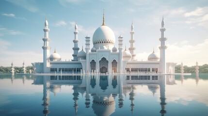 Obraz premium Large white mosque on a calm body of water.