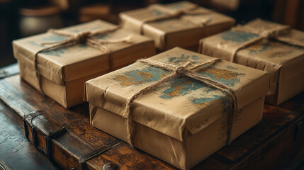 Obraz premium Vintage Treasures: Rustic parcels adorned with world maps, hinting at stories of exploration and discovery. 