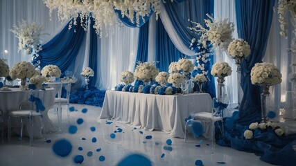 Elegant Wedding Reception Decor with Blue and White Color Scheme