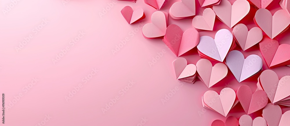 Poster top view of paper hearts on a pink background ideal copy space image for valentine s day or wedding