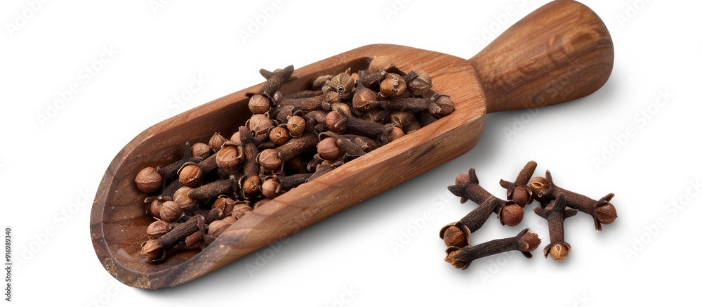 Poster Top view of a wooden scoop filled with dried cloves isolated on a white background with clipping path for a copy space image