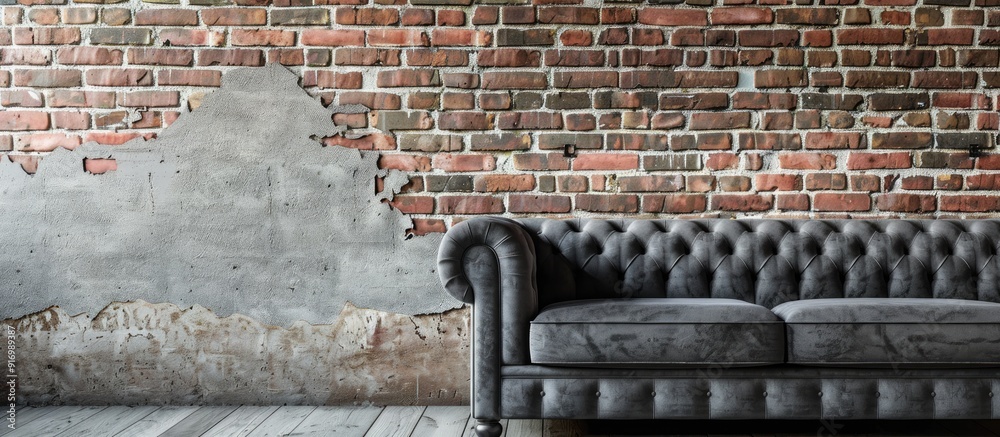 Aufkleber design banner with a grey sofa placed against a brick wall featuring ample copy space image