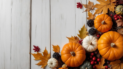 Festive autumn decor from pumpkins, berries and leaves on a white wooden background. Concept of Thanksgiving day or Halloween. Flat lay autumn composition with copy space