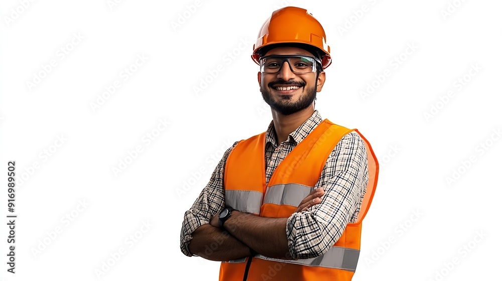 Aufkleber Construction worker engineer and studio portrait of happy man in vest and helmet for safety on white background Smile contractor or architect in planning or renovation project manager  : Generative AI