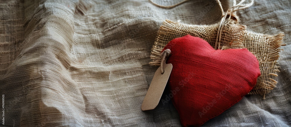 Poster handmade red cloth heart on vintage linen fabric with tag label perfect for valentine s day ideal fo