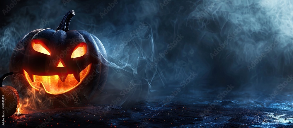 Aufkleber spooky jack o lantern with an eerie glow set against a dark backdrop features copy space image for a