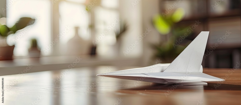 Poster Paper airplane on desk with copy space image in the background