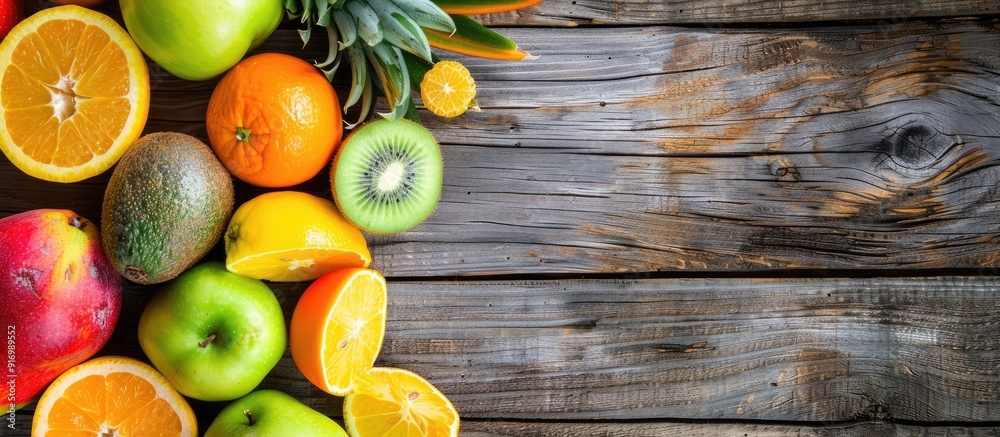 Poster A variety of colorful fruits like kiwi apple avocado mango orange pineapple and lemon set on a wooden surface creating a vibrant image with space for adding text or designs. Creative banner