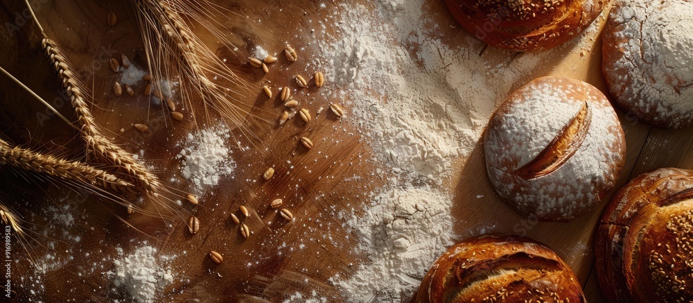 Aufkleber Top view of a selection of assorted bakery items including three circular loaves made from wheat and rye flour with room for text or images. Creative banner. Copyspace image