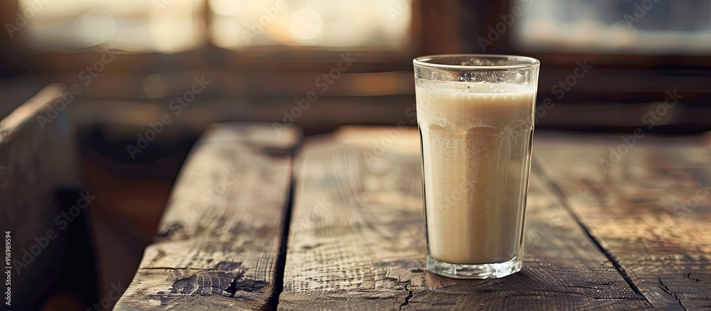 Poster A wooden table with a glass of milk by Berger creating a cozy scene with a rustic touch and a copy space image