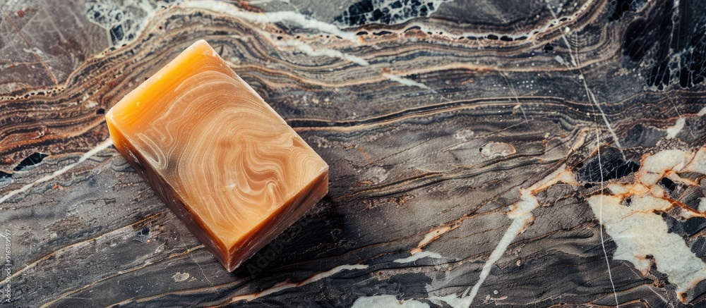 Poster Handcrafted organic soap on wooden surface with marble pattern and copy space image