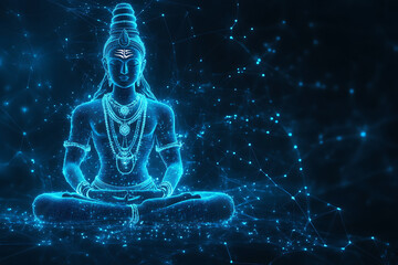 An abstract digital background featuring the revered figure of Lord Shiva set against the iconic landscape of Haridwar