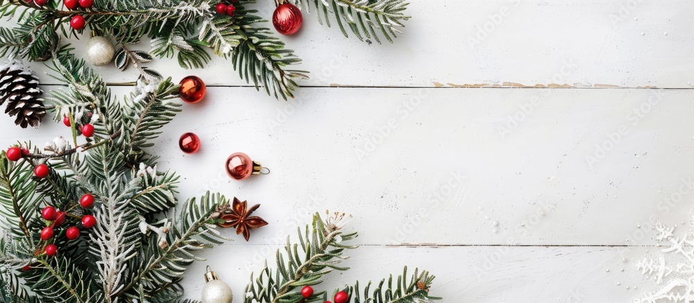 Poster Festive Christmas arrangement featuring a tree on a white wooden backdrop for a flat lay top view copy space image