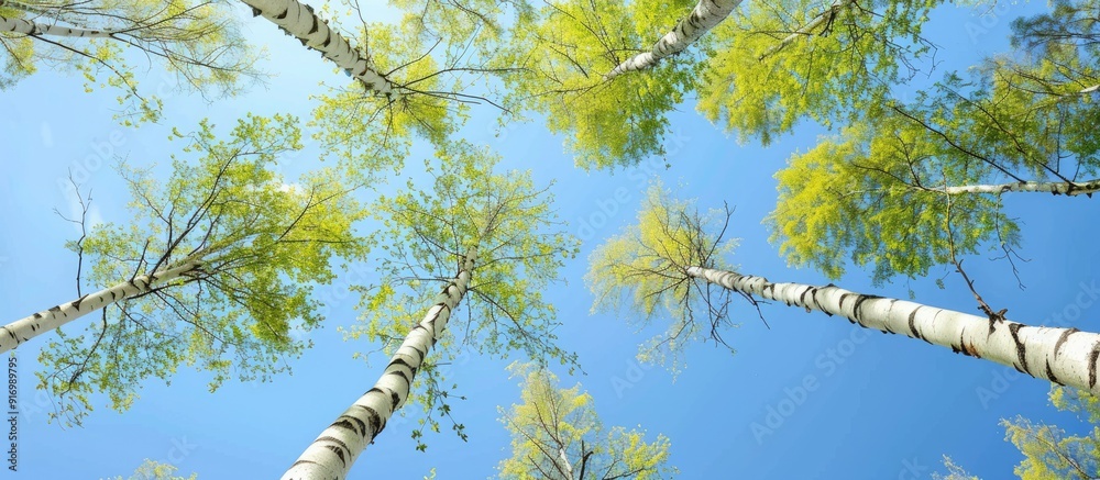 Poster springtime birch trees set against a clear blue sky provide a vivid and serene copy space image