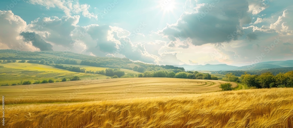 Poster Scenic hilly landscapes with wheat fields adding color to the countryside ideal for a copy space image