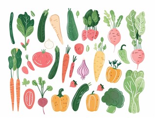 Set of various vegetables simple illustration. AI generated