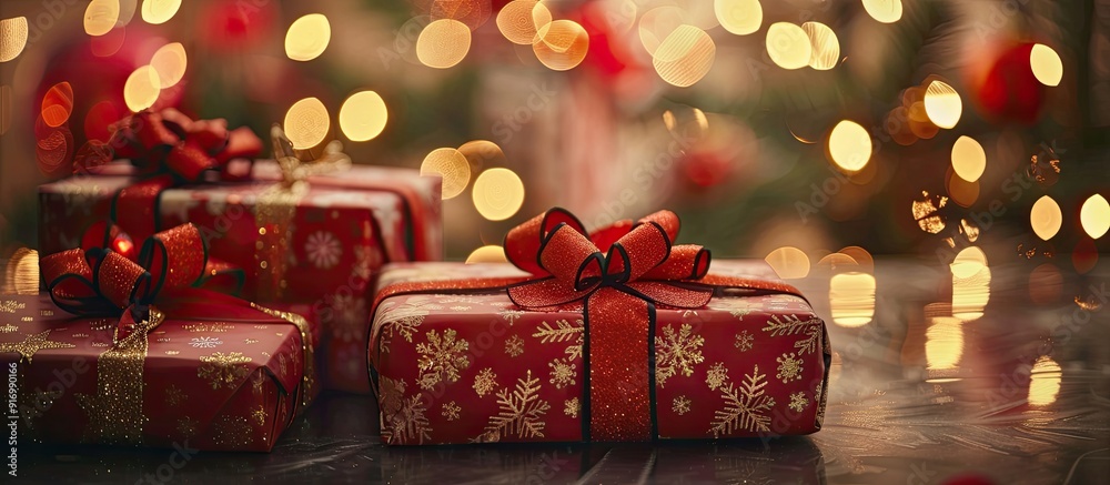 Poster festive christmas gift boxes with themed wrapping and a defocused background of christmas lights pro