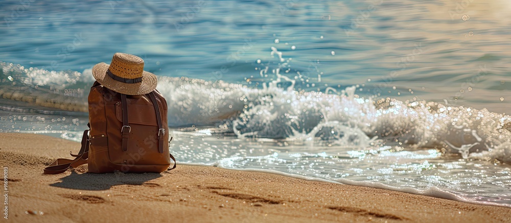 Aufkleber A sandy beach with a brown hat and knapsack by the sea showing seawater washing up the shore post wave with sandy texture visible in the background for a copy space image