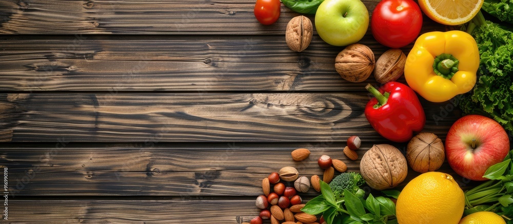 Aufkleber top view of fresh fruits vegetables and nuts on a wooden background creating a healthy food concept 