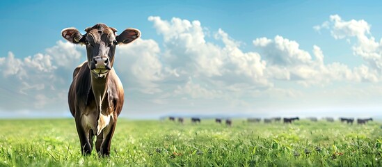 Innocent Jersey cow headshot in a green pasture with a herd and horizon in the background suitable as a copy space image