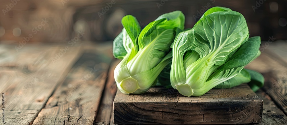 Poster copy space image of green bok choy or pac choi chinese cabbage on a wooden surface seen from the sid