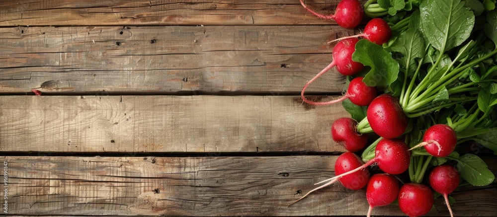 Aufkleber Fresh red radishes on a wooden background with ample copy space for custom text or images
