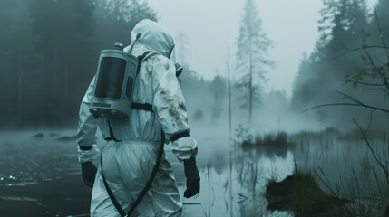 Fototapeta premium A captivating photograph of a scientist in a hazmat suit, conducting research in a misty swamp