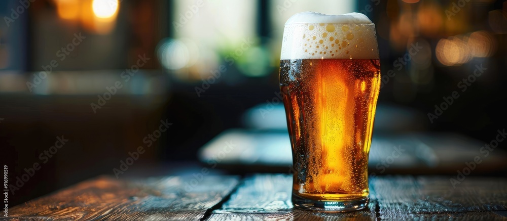 Aufkleber fresh beer in a glass on a table at a pub with copy space image