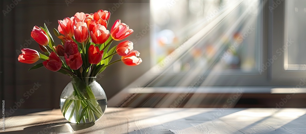 Poster Tulips in a vase on a table with a clean copy space image